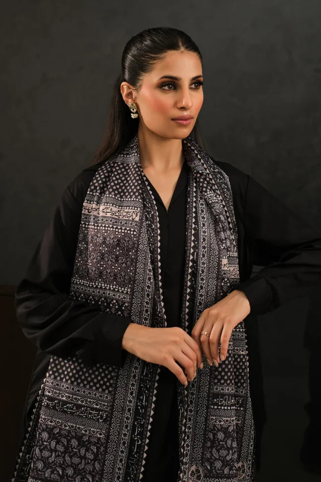 Manto Women's Silk Double Sided Black Saya Stole with Urdu Calligraphy