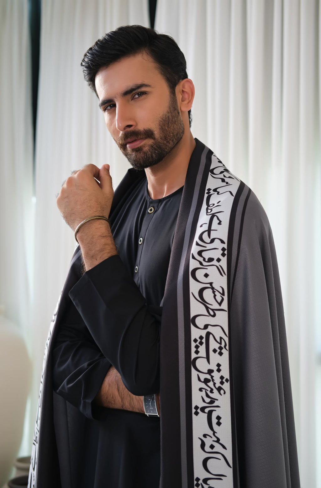Manto's Unisex Grey Winter Shawl featuring Urdu Calligraphy on the Borders