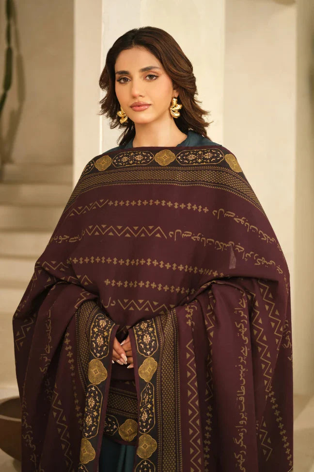 Shop Aashiyana Odhni, made from Cotton Silk in plum color, a printed odhni that features the words of Allama Iqbal.