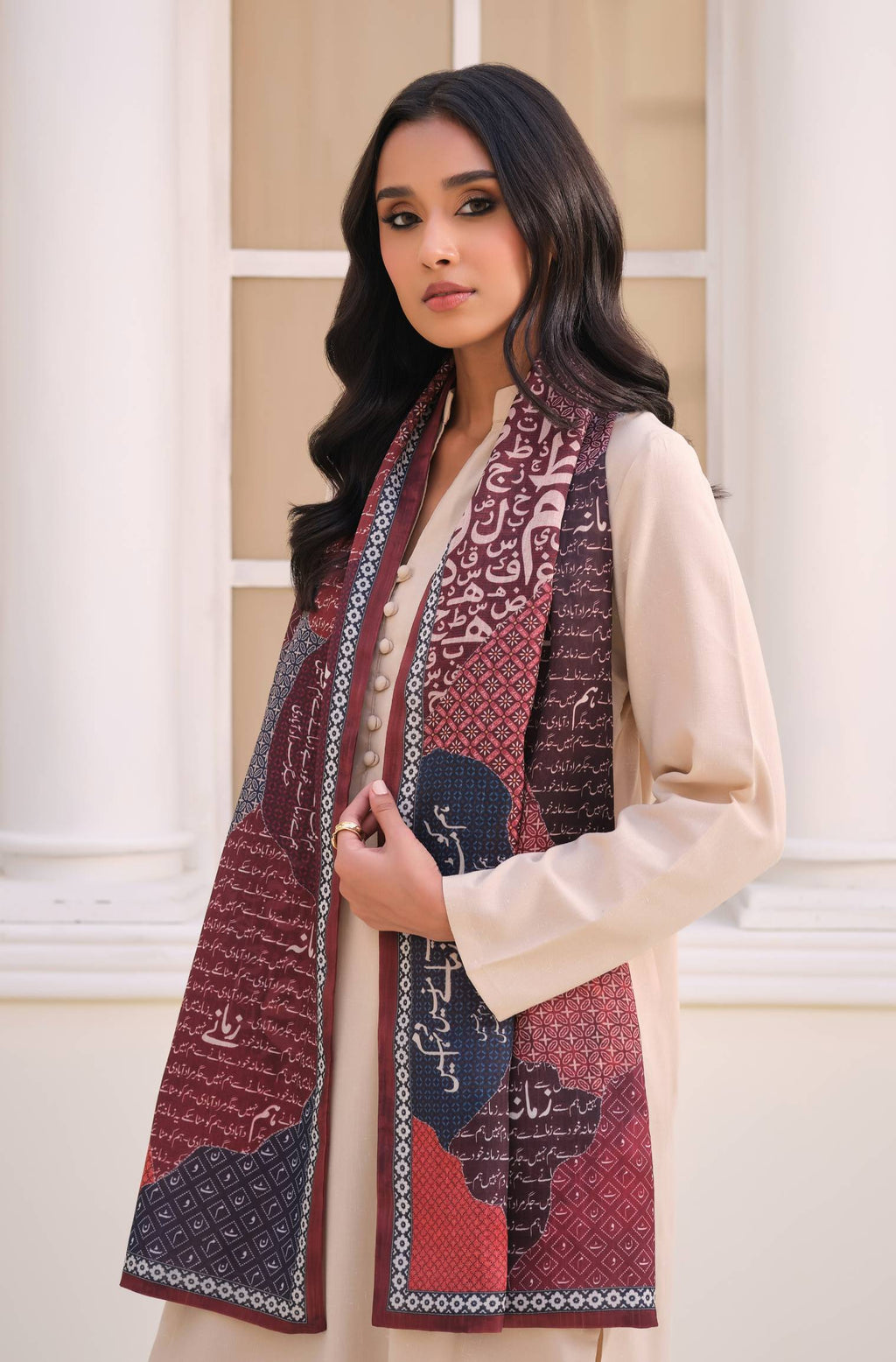 Manto's Unisex Maroon Double Sided Silk Stole with Urdu Calligraphy