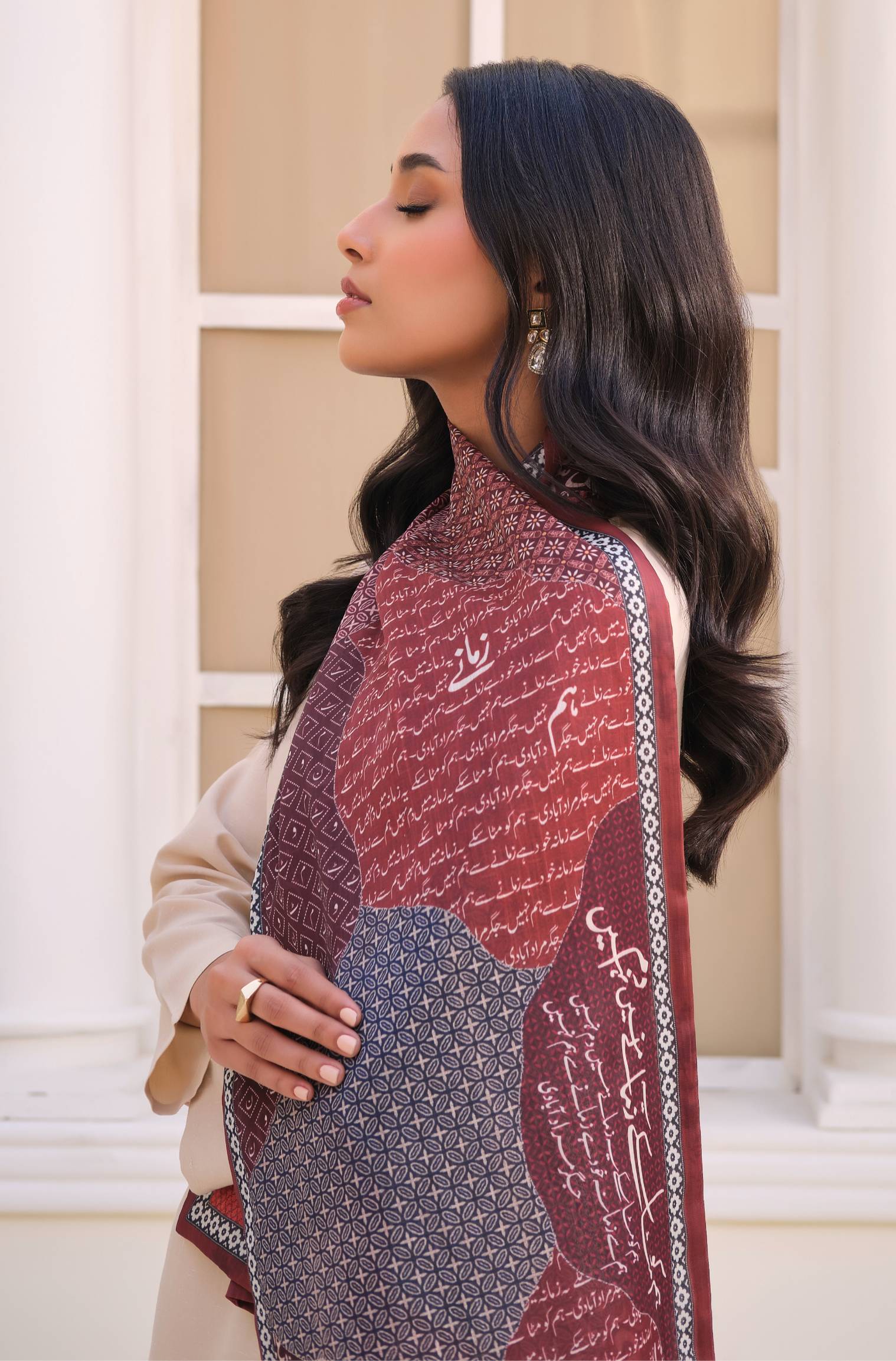 Manto's Unisex Maroon Double Sided Silk Stole with Urdu Calligraphy