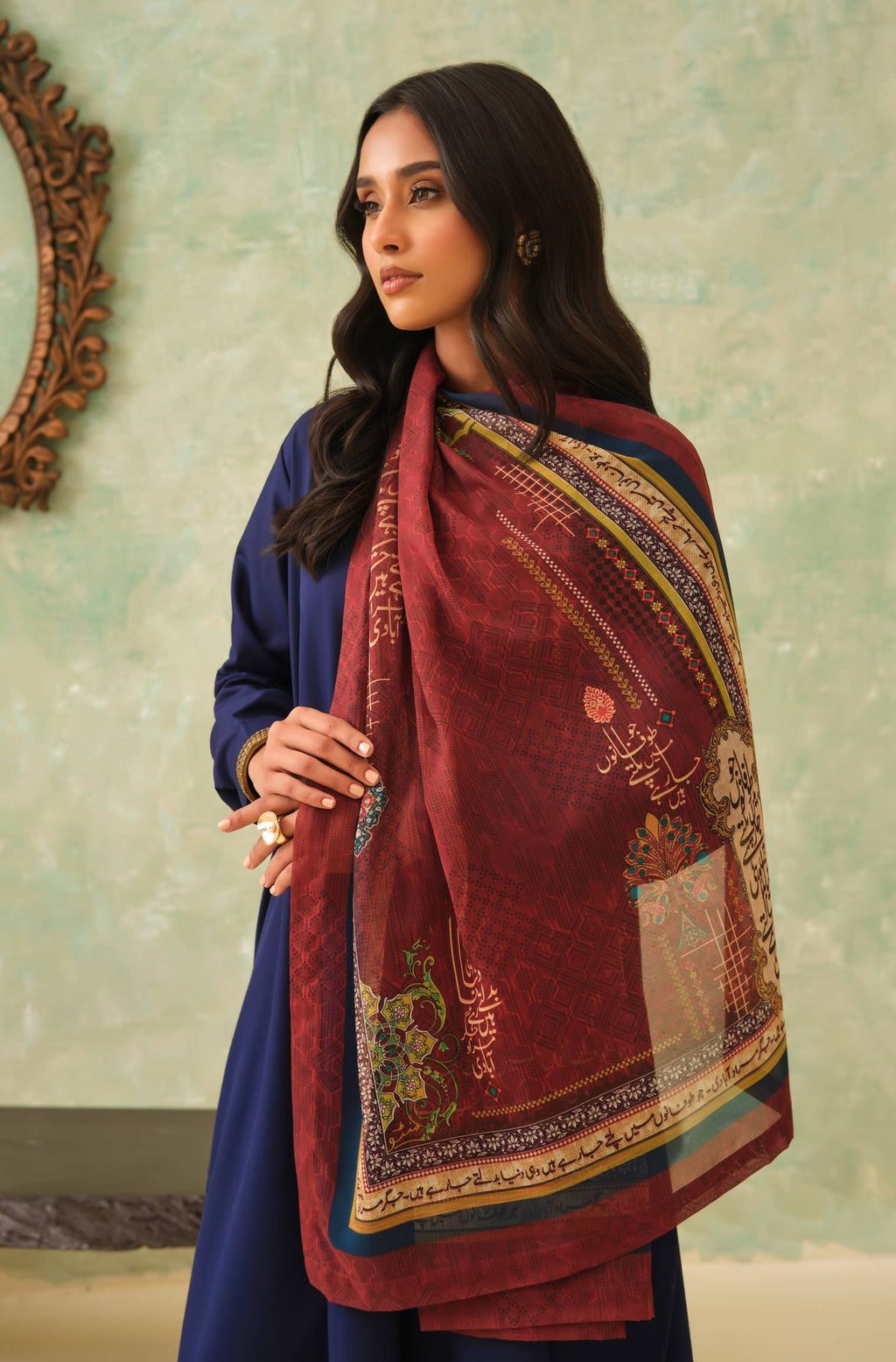 Manto Women's Maroon Hijab Friendly Scarf with Urdu Calligraphy Paired with Blue Solid Co-Ord