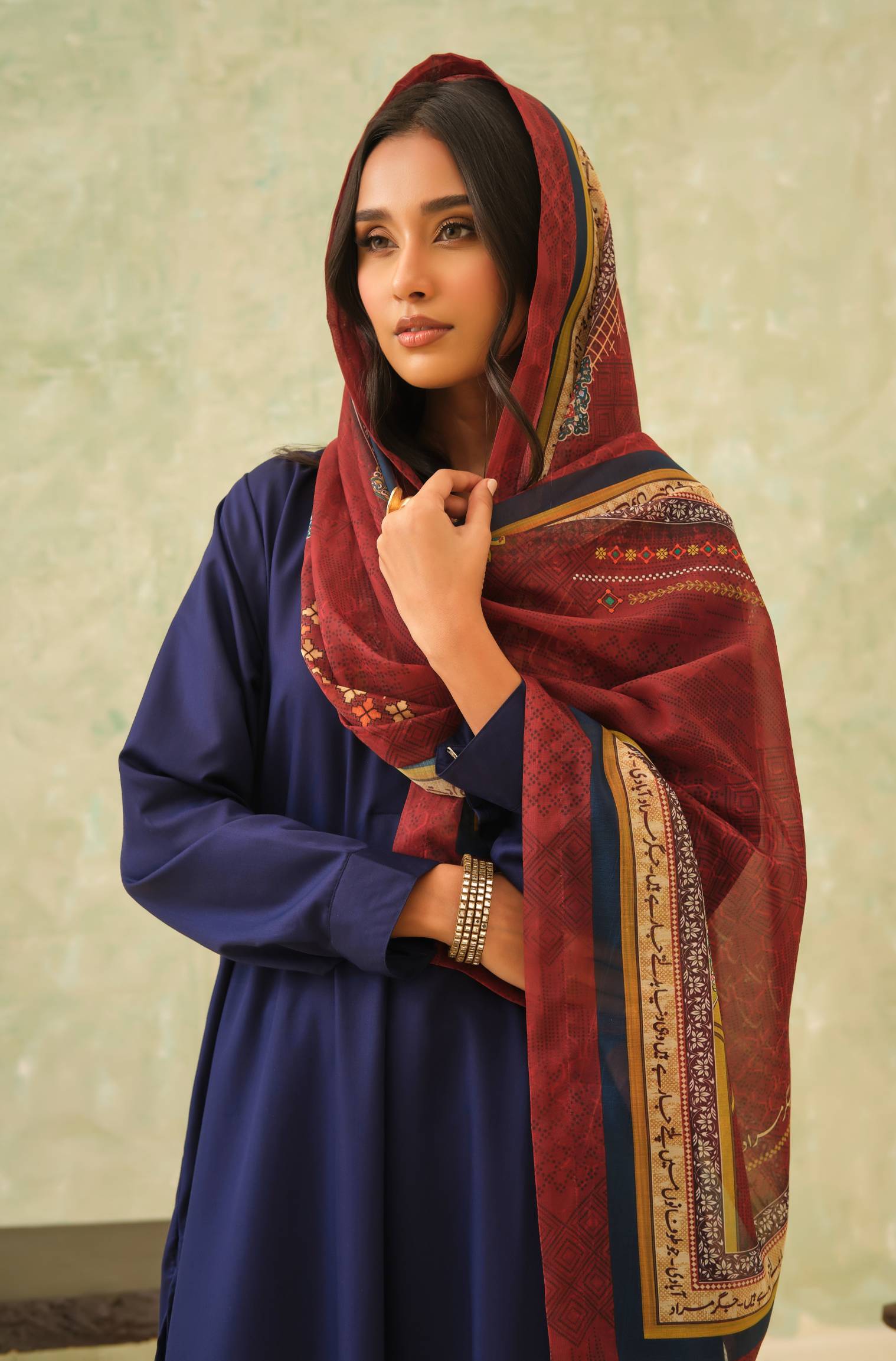 Manto Women's Maroon Hijab Friendly Scarf with Urdu Calligraphy Paired with Blue Solid Co-Ord