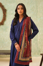 Manto Women's Maroon Hijab Friendly Scarf with Urdu Calligraphy Paired with Blue Solid Co-Ord