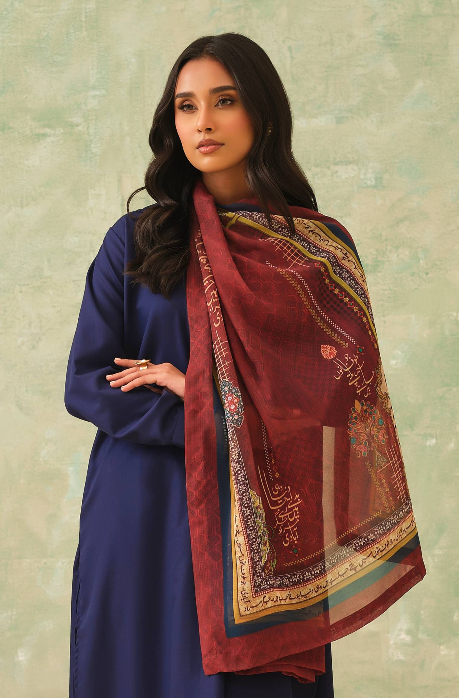 Manto Women's Maroon Hijab Friendly Scarf with Urdu Calligraphy