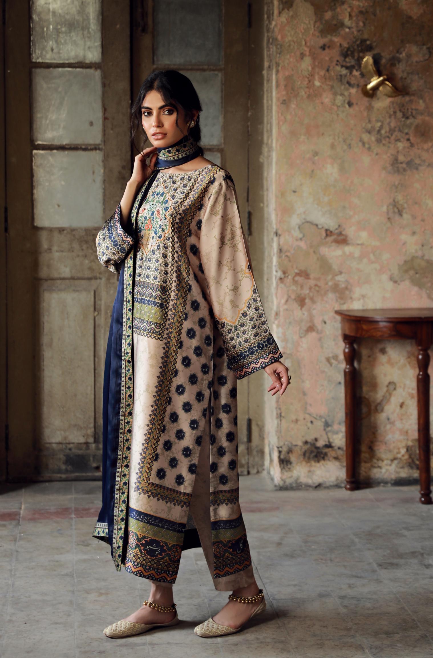 Manto Women's 3 piece Silk Shehrzade Set featuring Urdu Calligraphy