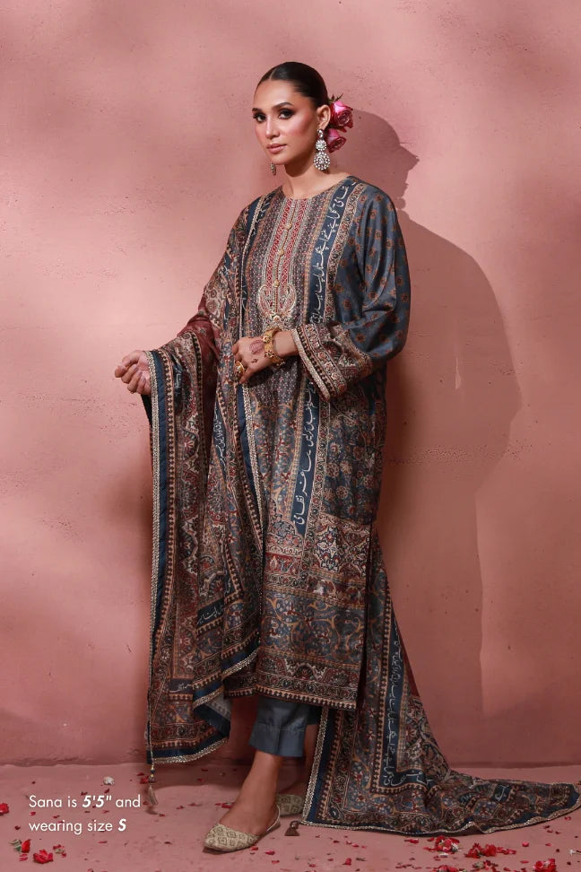 Manto Women's Festive Wear 3 Piece Raw Silk Grey Set with Urdu Calligraphy