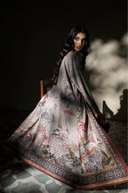 Woman wearing Manto's long, patterned coat in an indoor setting, featuring Urdu calligraph & Illustration