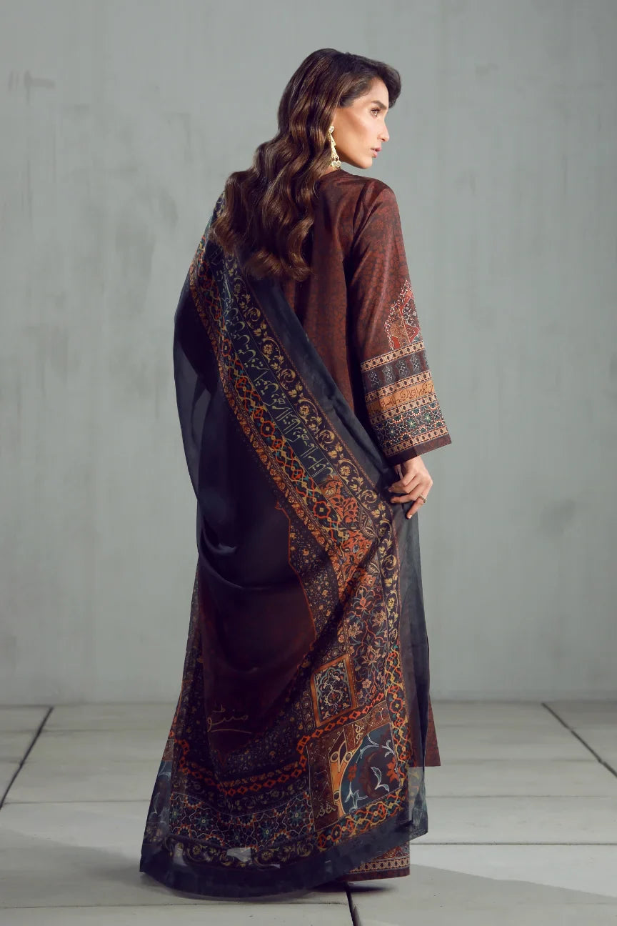Women's Ready to Wear Printed Brown 3 Piece Set with Urdu Calligraphy