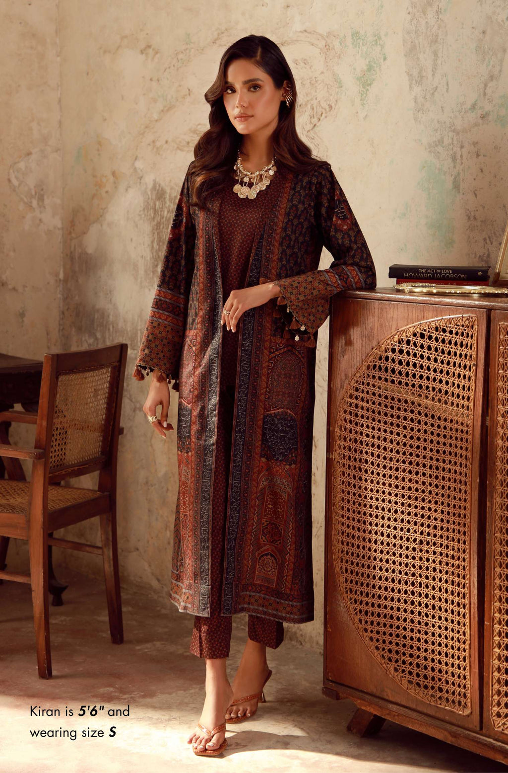 Manto Women's Ready to Wear Brown Outerwear Long Shrug with Urdu Calligraphy