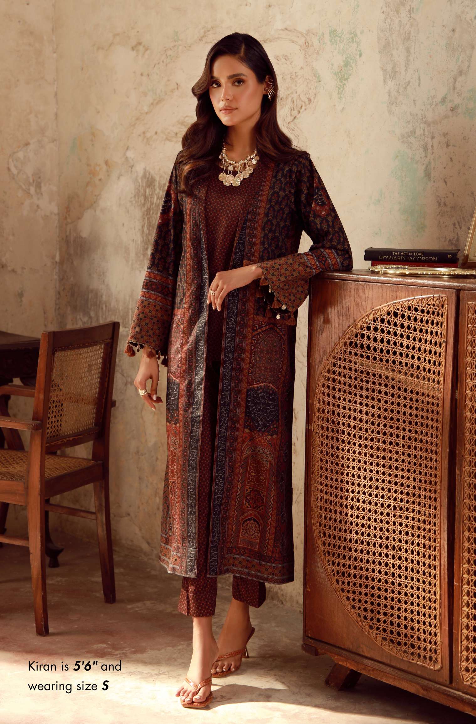 Manto Women's Ready to Wear Brown Outerwear Long Shrug with Urdu Calligraphy