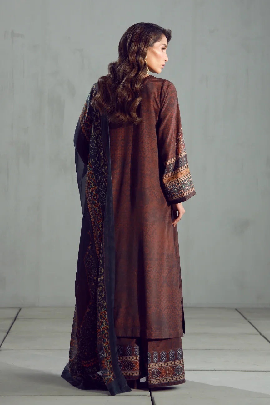 Women's Ready to Wear Printed Brown 3 Piece Set with Urdu Calligraphy