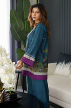 Manto Women's Stitched Crepe 2 Piece Matching Teal Khwahish Co-ord Set, with Short Shirt Kurta & WIde Leg Trouser Pants Featuring Poetry of Behzad Lucknavi
