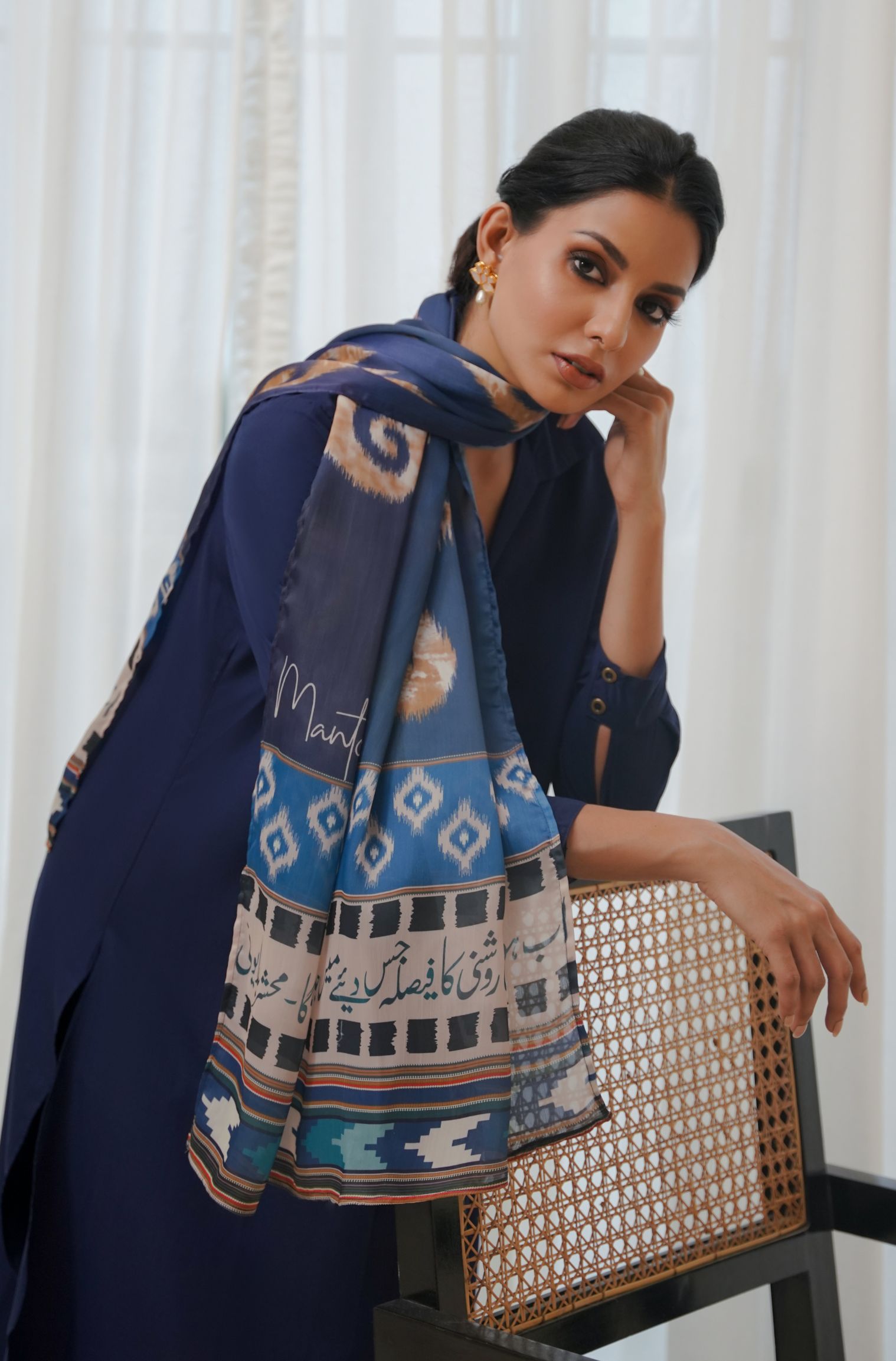 Manto Women's Blue Printed Scarf with Urdu Calligraphy