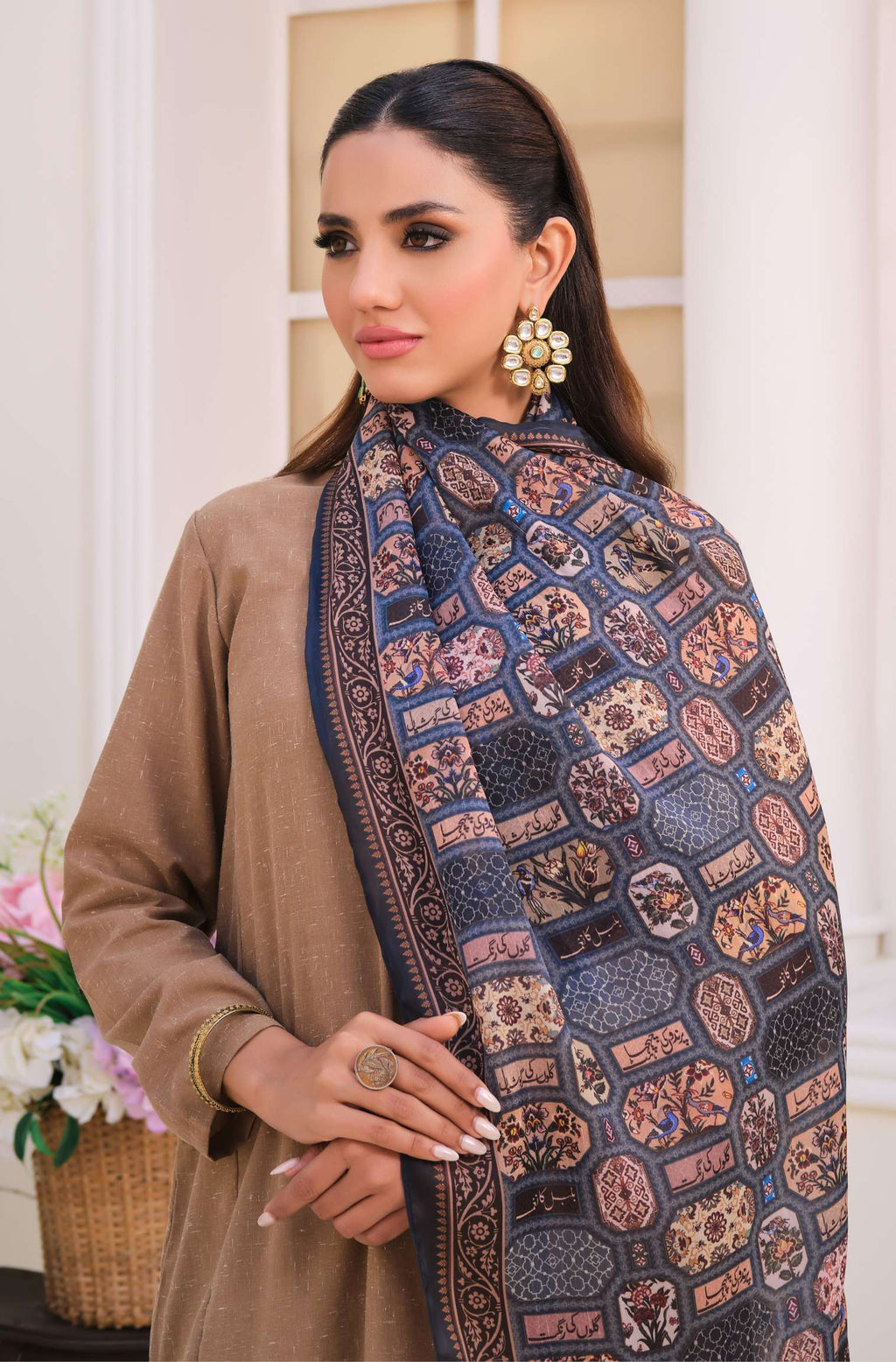 Manto's Women Blue Silk Scarf with Urdu Calligraphy