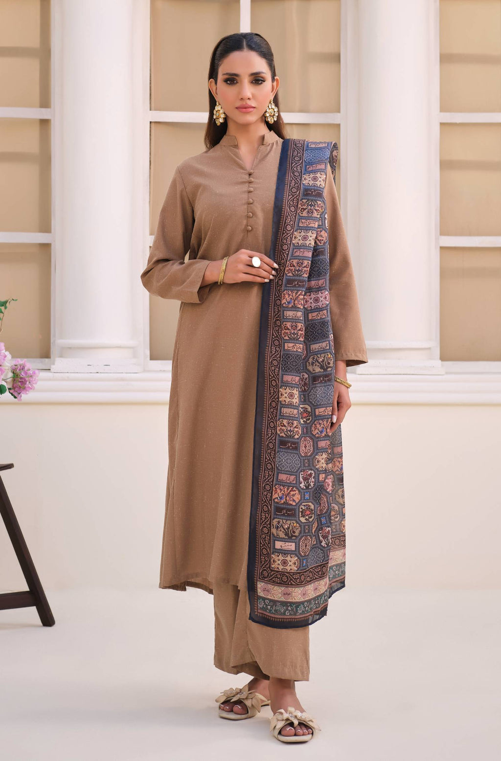 Manto's Women Blue Silk Scarf with Urdu Calligraphy Paired with Beige Solid Co-Ord