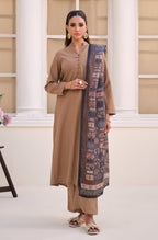 Manto's Women Blue Silk Scarf with Urdu Calligraphy Paired with Beige Solid Co-Ord
