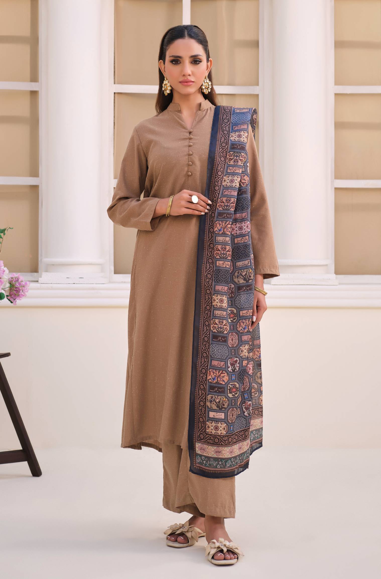 Manto's Women Blue Silk Scarf with Urdu Calligraphy Paired with Beige Solid Co-Ord