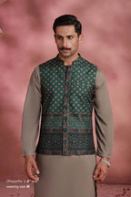 Manto Men's Festive Wear Green Vasket with Urdu Calligraphy
