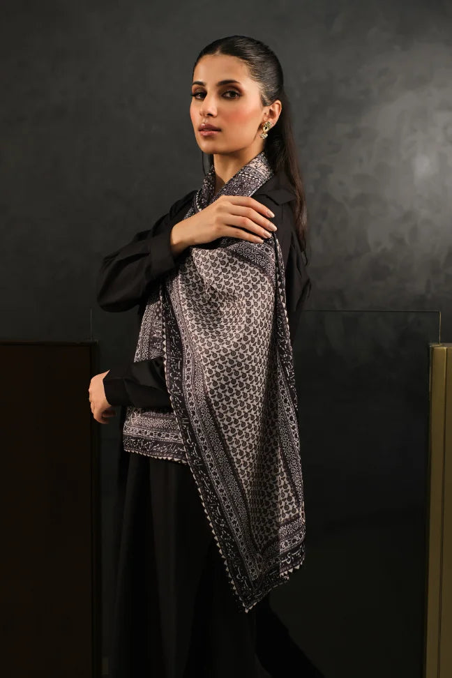 Manto Women's Silk Double Sided Black Saya Stole with Urdu Calligraphy