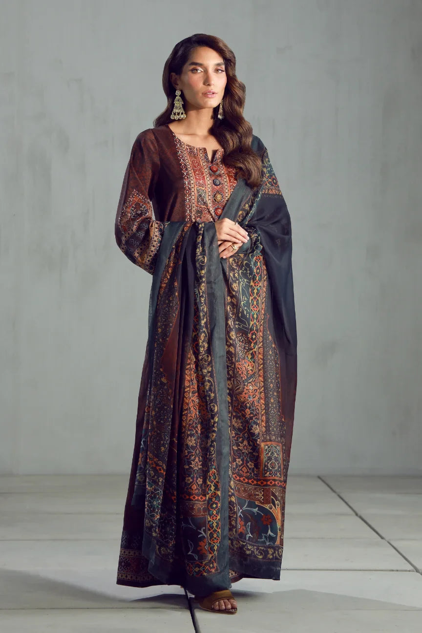 Women's Ready to Wear Printed Brown 3 Piece Set with Urdu Calligraphy