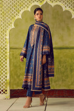 Manto Women's Blue Printed 3 Piece Co-Ord Set with Embellishments & Urdu Calligraphy