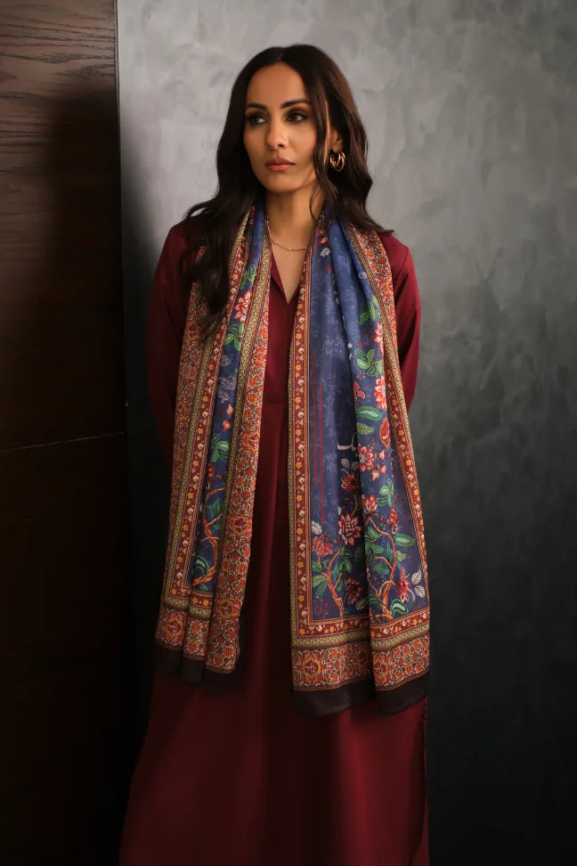 Manto Women's Crinkled Silk Blue Rania Scarf Featuring Urdu Words