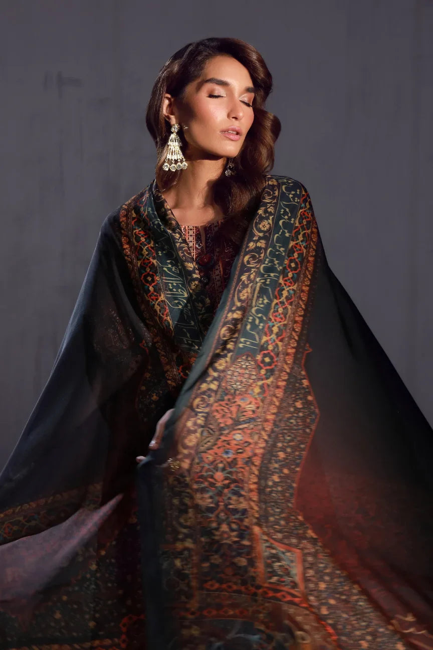 Women's Ready to Wear Printed Brown 3 Piece Set with Urdu Calligraphy