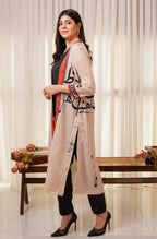 Shopmanto, wear manto, manto clothing brand, manto pakistan, ladies clothing brand, urdu calligraphy clothing, wear manto shades of dawn women front open upper cape sooraj shrug with urdu calligraphy