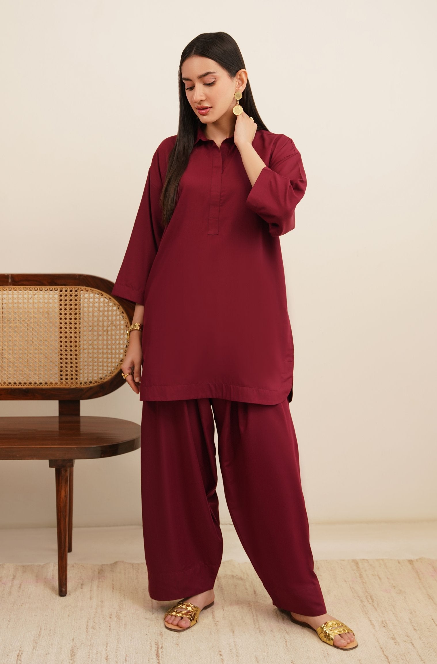 Shopmanto Women's Ready to Wear 2 Piece Matching Solid Ruby Red Co-Ord Set