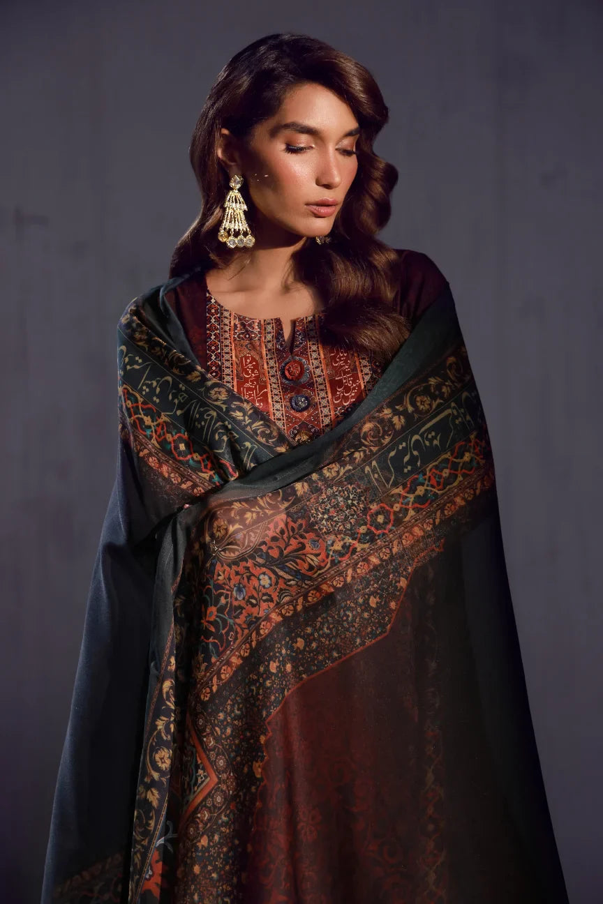 Women's Ready to Wear Printed Brown 3 Piece Set with Urdu Calligraphy