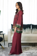 Manto Women's Stitched Crepe 2 Piece Matching Maroon Khwahish Co-ord Set, with Short Shirt Kurta & WIde Leg Trouser Pants Featuring Poetry of Behzad Lucknavi