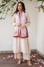 Manto Women's Stitched 1 Piece Crepe Silk Beige & Maroon Khwahish Stole Featuring Poetry of Behzad Lucknavi