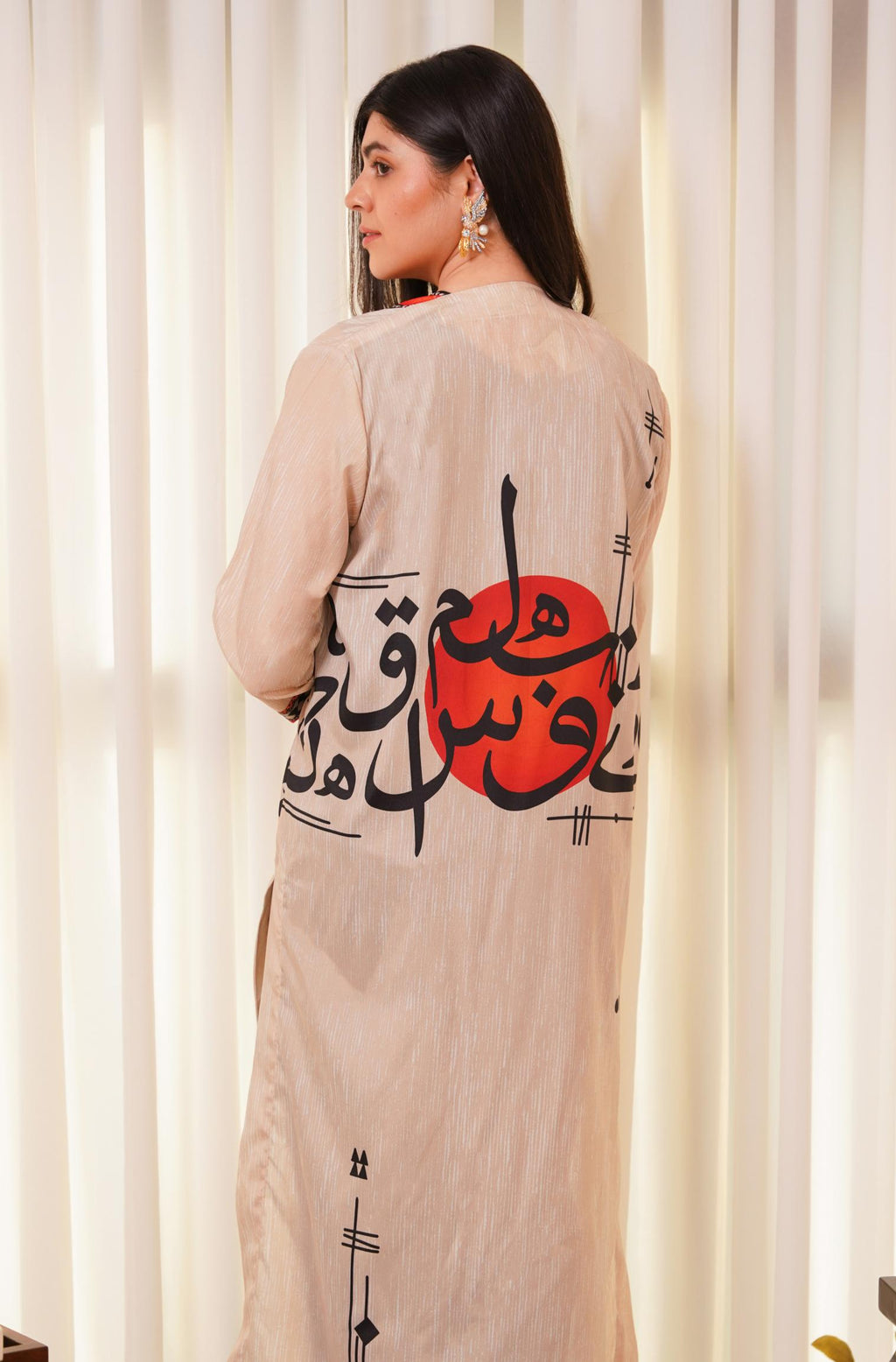 Shopmanto, wear manto, manto clothing brand, manto pakistan, ladies clothing brand, urdu calligraphy clothing, wear manto shades of dawn women front open upper cape sooraj shrug with urdu calligraphy
