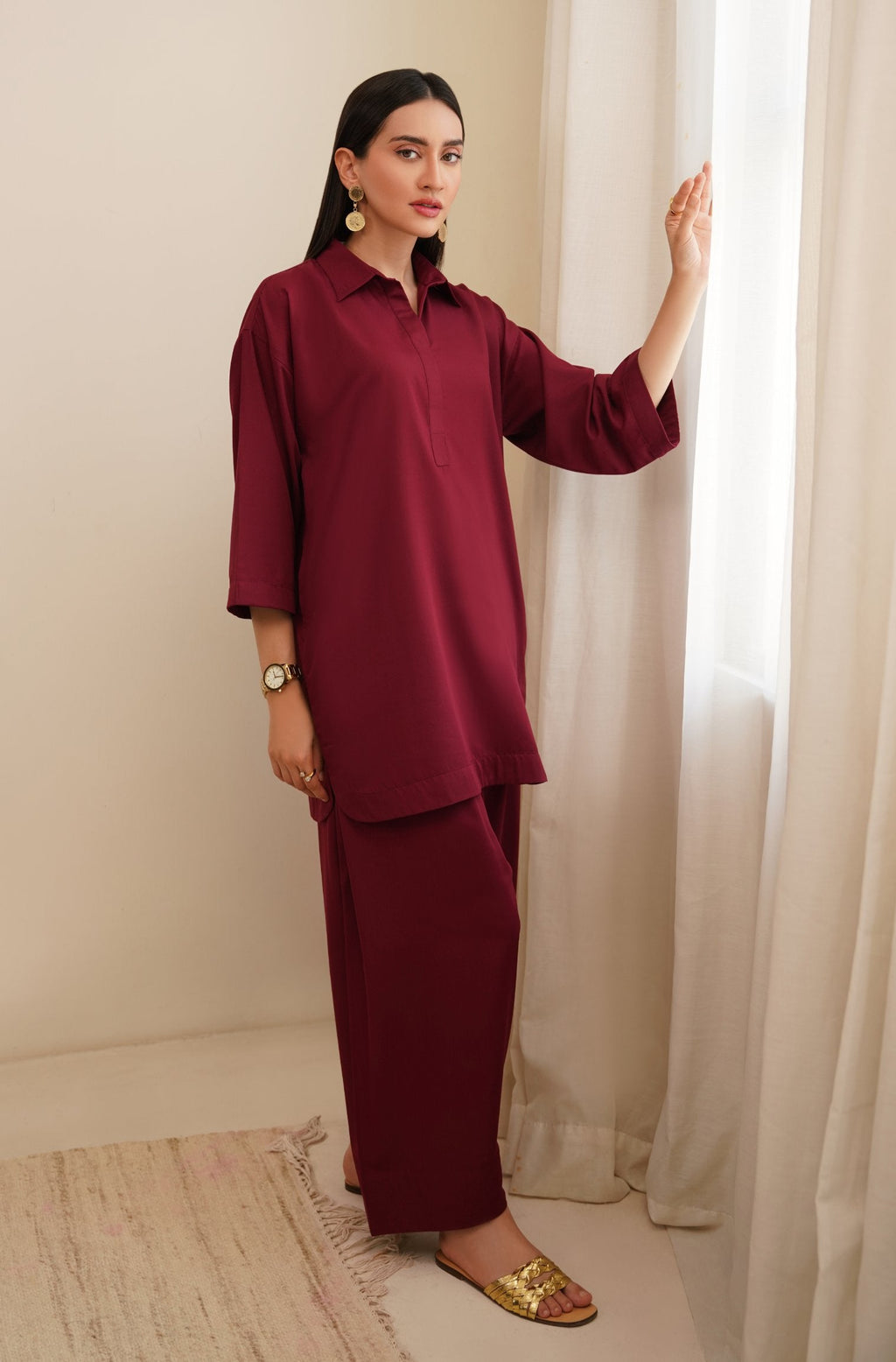 Shopmanto Women's Ready to Wear 2 Piece Matching Solid Ruby Red Co-Ord Set