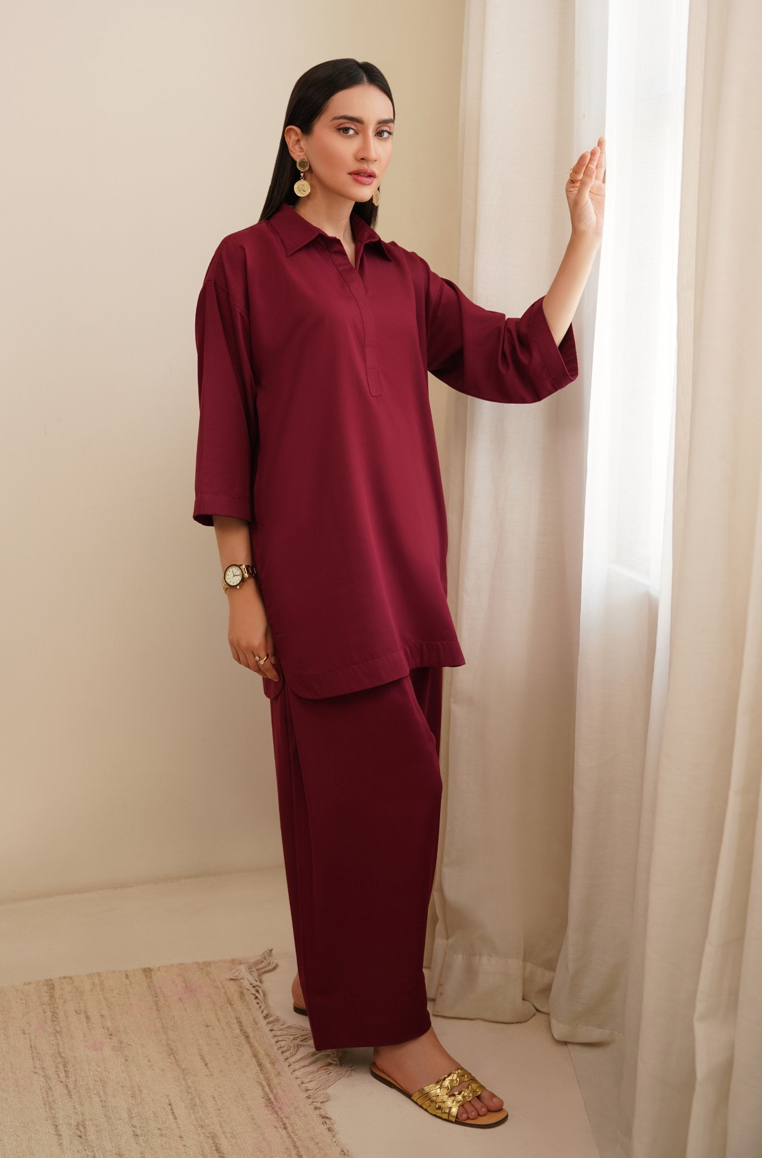Shopmanto Women's Ready to Wear 2 Piece Matching Solid Ruby Red Co-Ord Set