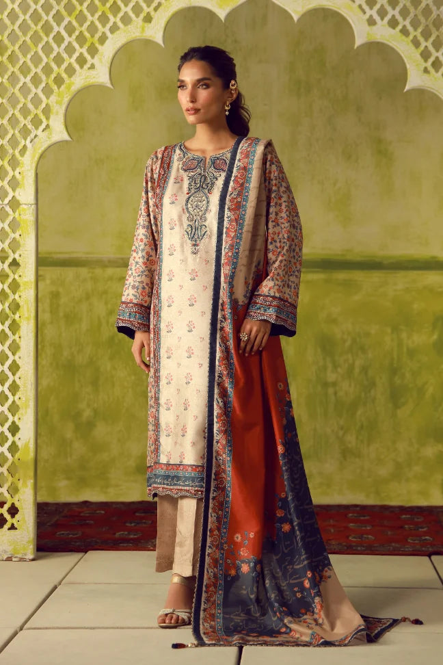 Manto Women's Beige Printed 3 Piece Co-Ord Set with Embellishments & Urdu Calligraphy