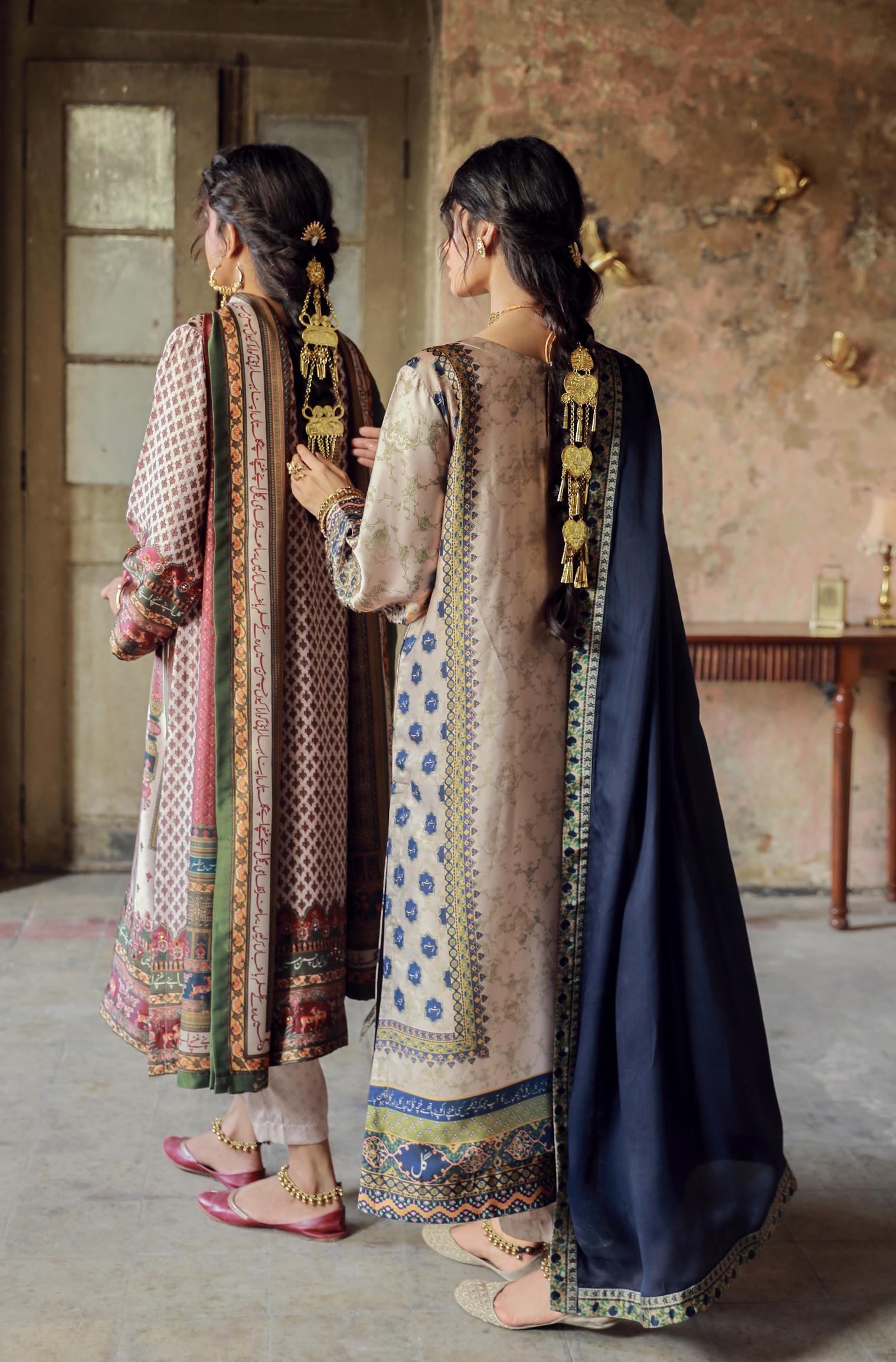 Manto Women's 3 piece Silk Shehrzade Set & Shalimar Set featuring Urdu Calligraphy
