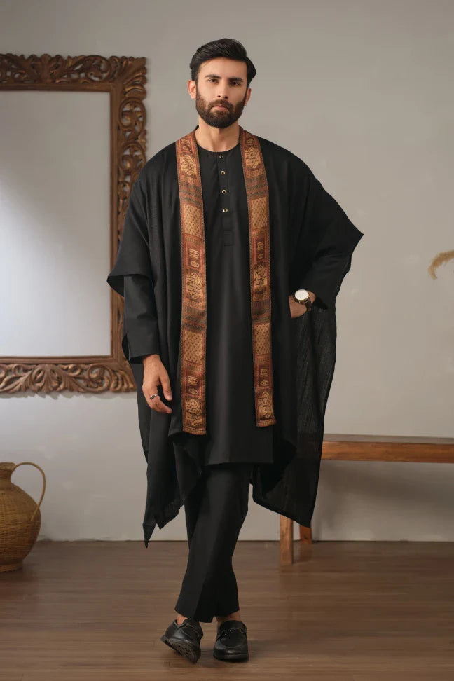 Manto's Unisex Black Acrylic Cape with Printed Borders