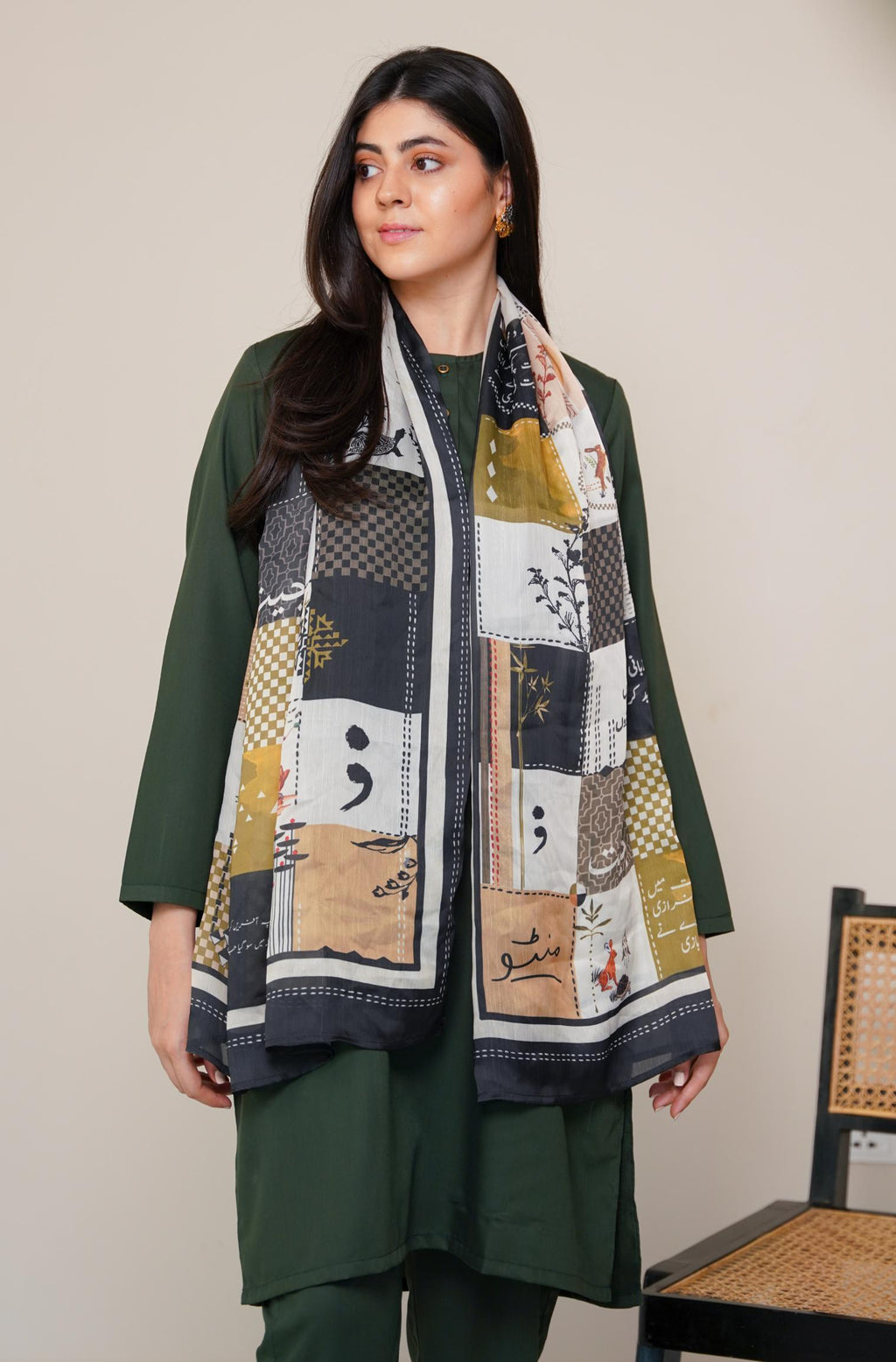 Shopmanto, wear manto, manto clothing brand, manto pakistan, ladies clothing brand, urdu calligraphy clothing, Wear manto crepe silk urdu calligraphy green and black safar scarf for men and women