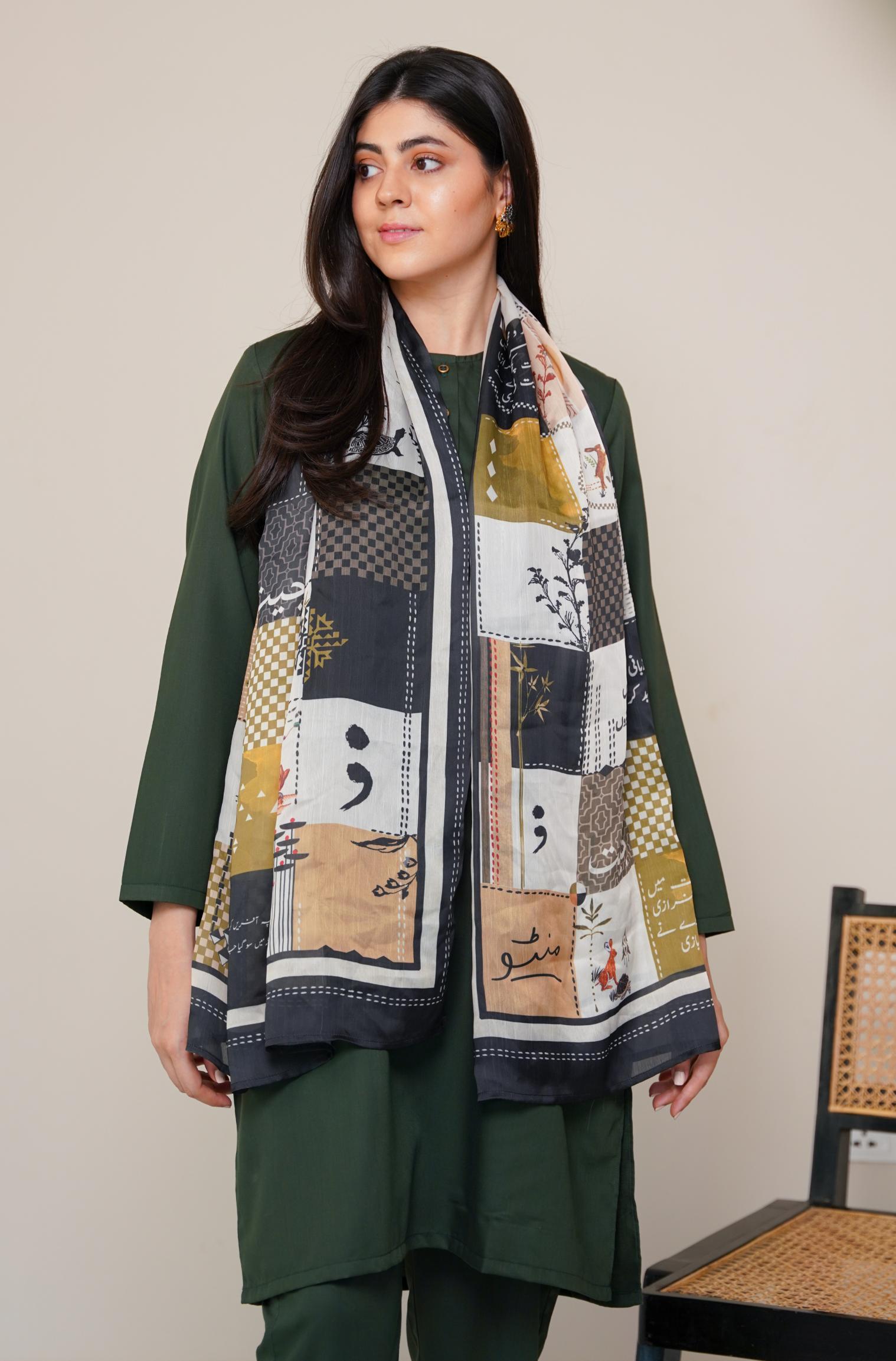 Shopmanto, wear manto, manto clothing brand, manto pakistan, ladies clothing brand, urdu calligraphy clothing, Wear manto crepe silk urdu calligraphy green and black safar scarf for men and women