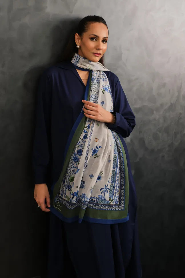 Manto Women's Printed Off White Crinkle Silk Scarf with Urdu Calligraphy