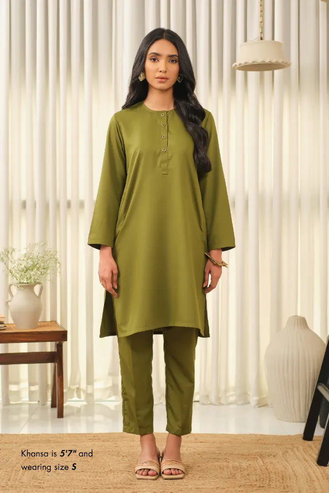 Manto Women's Olive Green 2-Piece Lucknow Style Collar Solid Co-Ord Set
