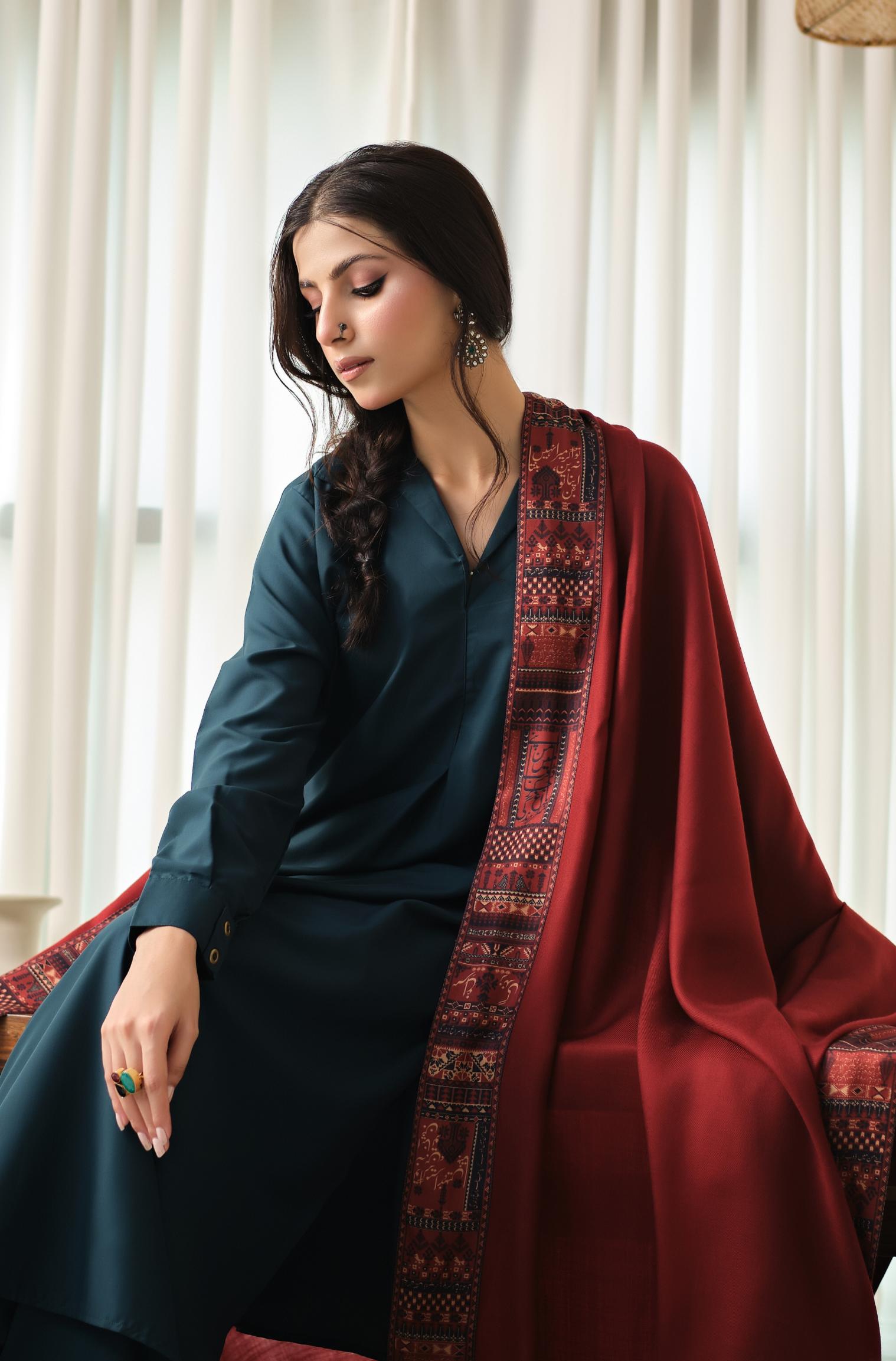 Manto's Unisex Maroon Manzil Shawl with Printed Borders