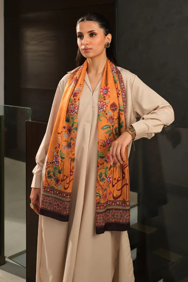 Manto Women's Crinkled Silk Mustard Rania Scarf Featuring Urdu Words