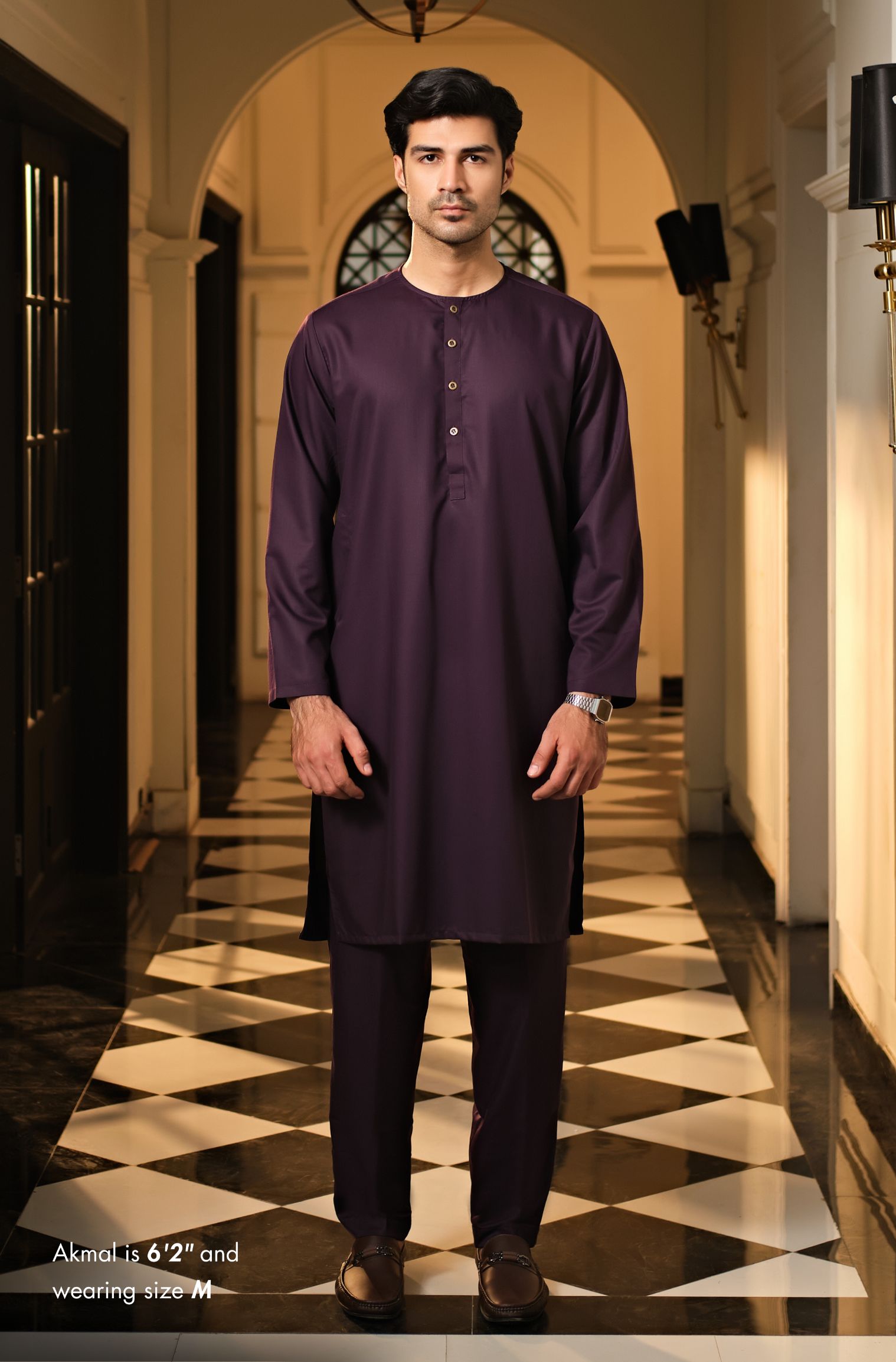 Manto Men's Deep Purple Wash-n-Wear Lucknow Collar Kurta & Pajama Set