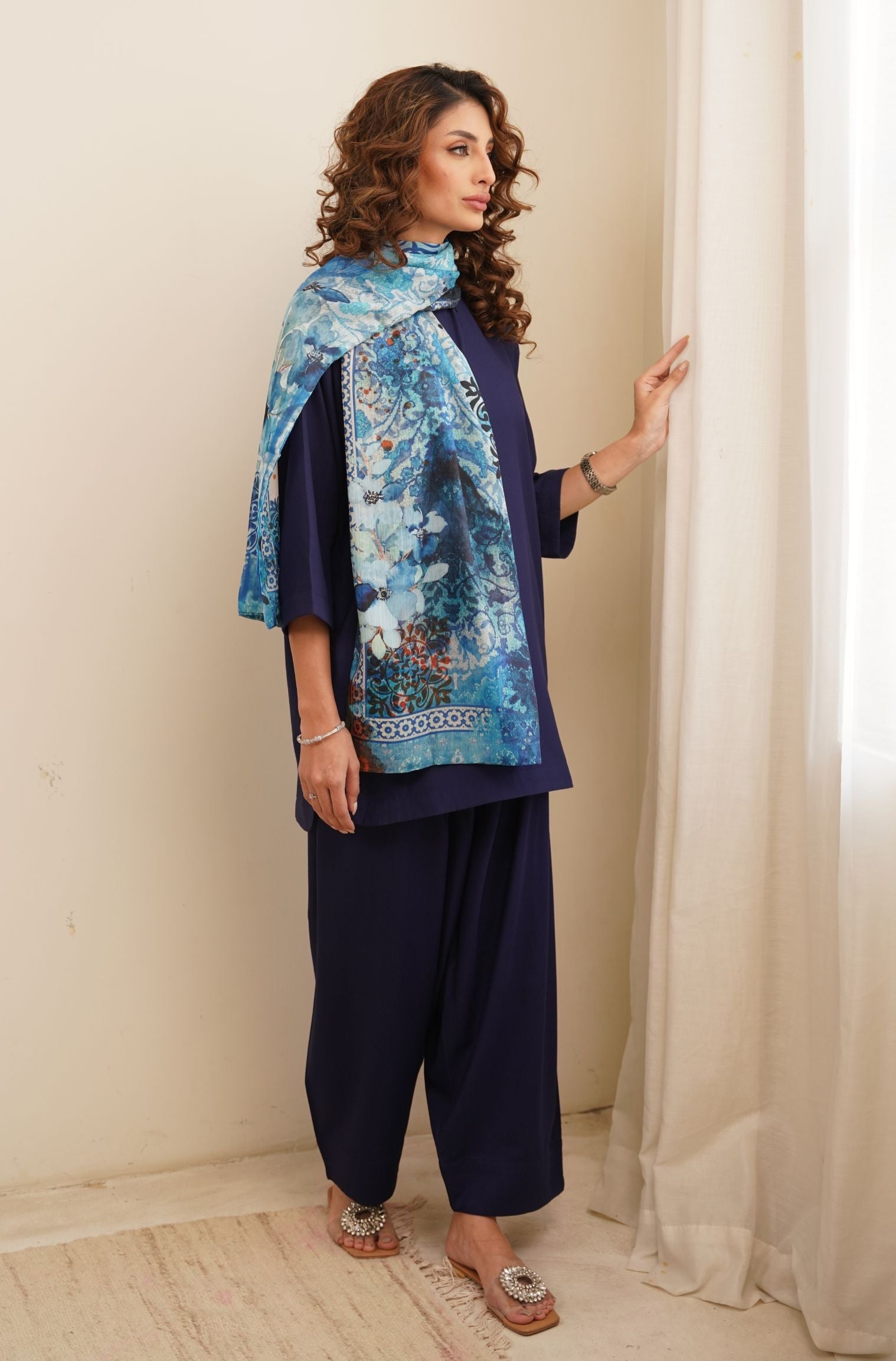 Manto Women's Double sided Blue Riwayat Stole with Urdu Calligraphy