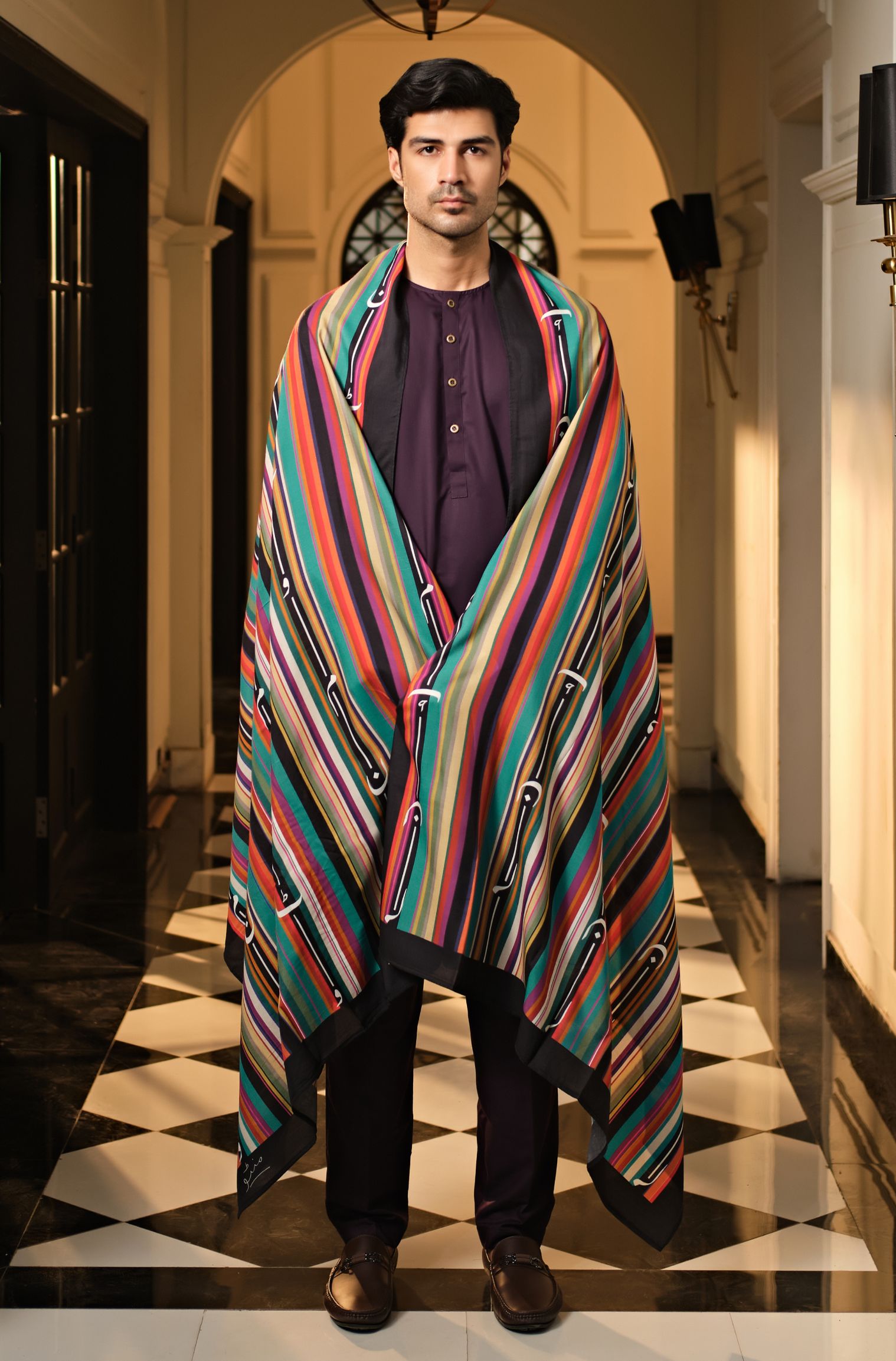 Manto Men's Deep Purple Wash-n-Wear Lucknow Collar Kurta & Pajama Set Paired with Rangreza Odhni