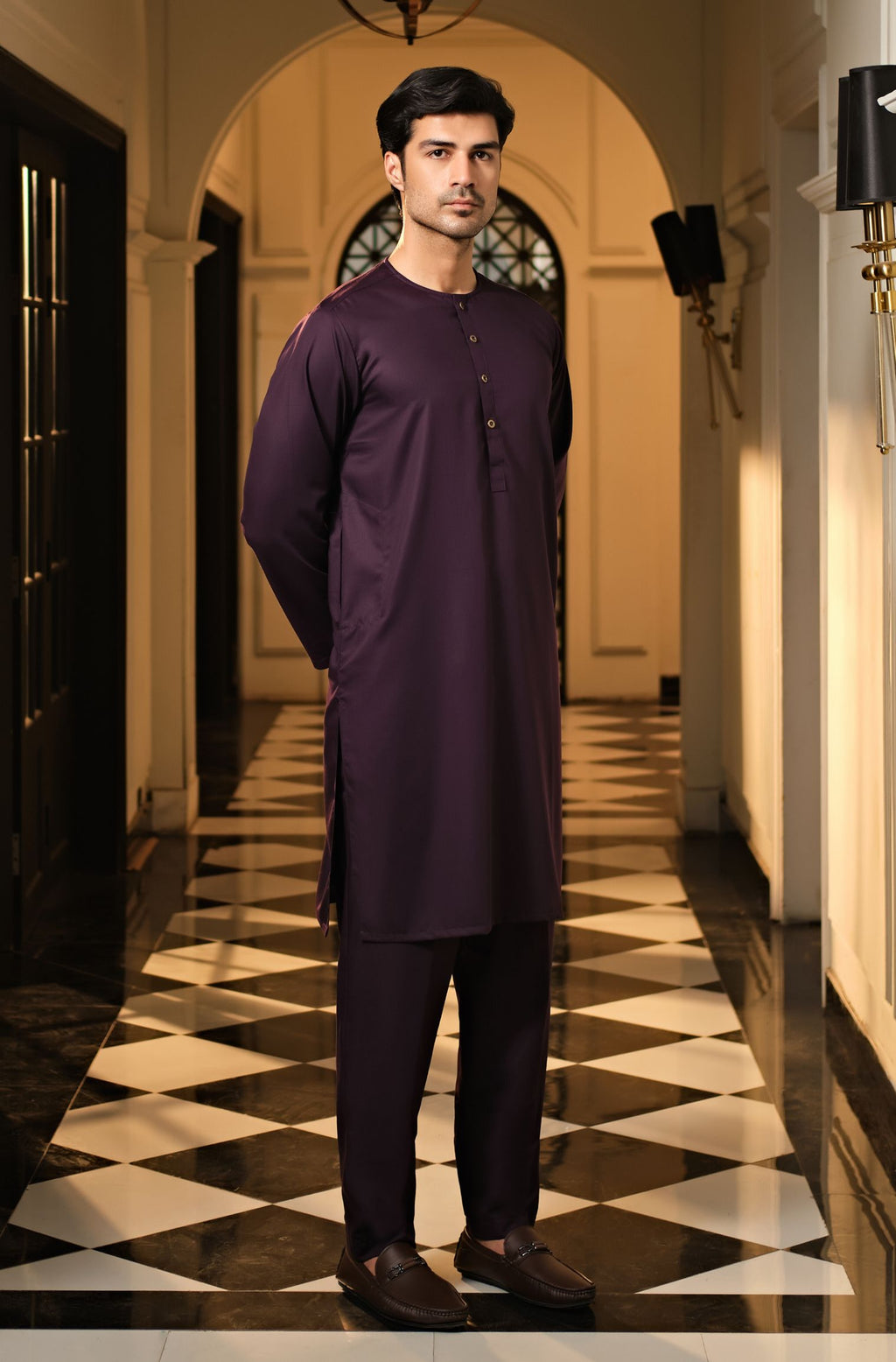 Manto Men's Deep Purple Wash-n-Wear Lucknow Collar Kurta & Pajama Set