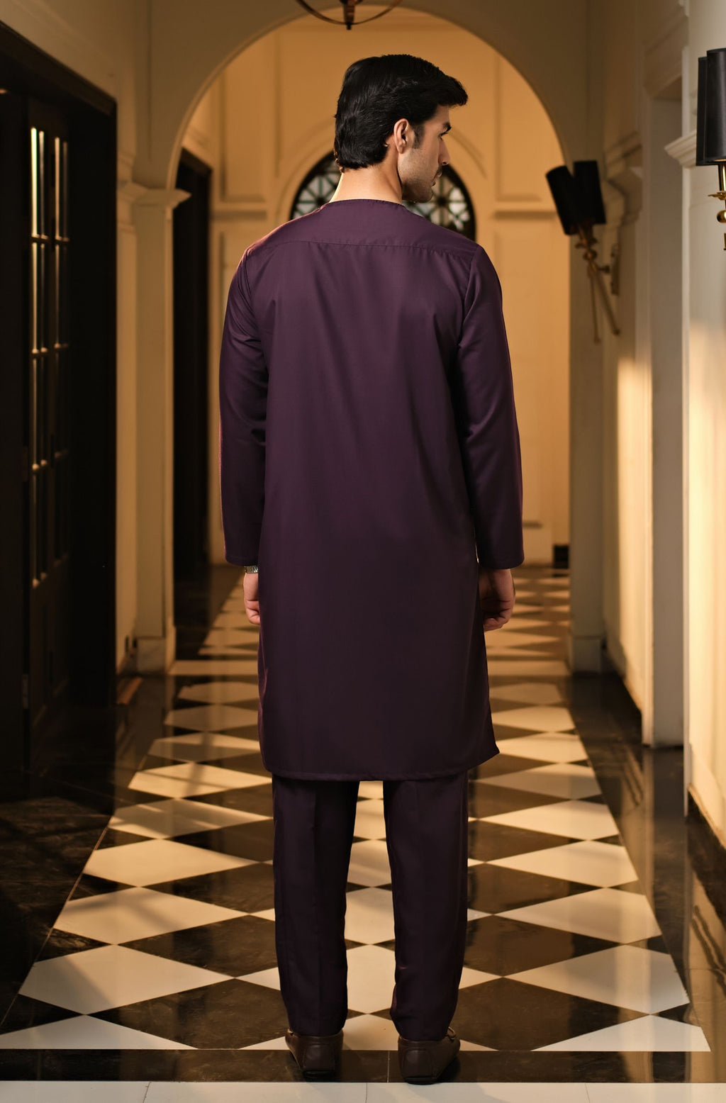 Manto Men's Deep Purple Wash-n-Wear Lucknow Collar Kurta & Pajama Set
